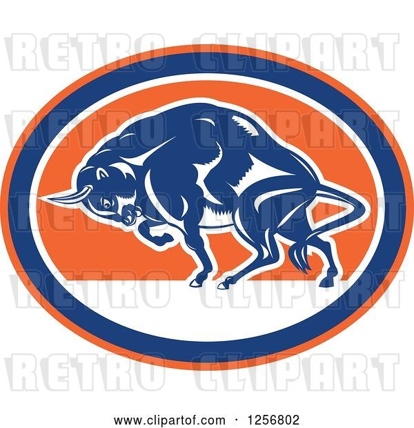 Vector Clip Art of Retro Woodcut Charging Angry Bison in a Blue Orange and White Oval