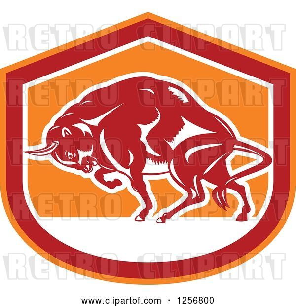 Vector Clip Art of Retro Woodcut Charging Angry Bison in a Red White and Orange Shield