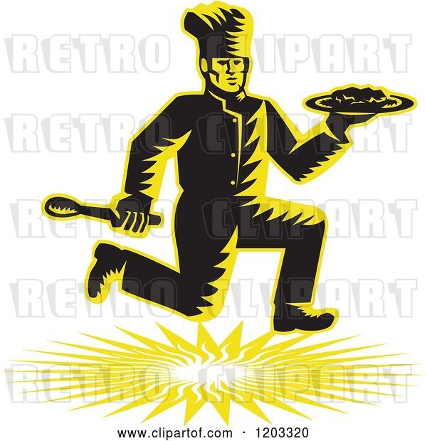 Vector Clip Art of Retro Woodcut Chef Running with a Plate and Spoon
