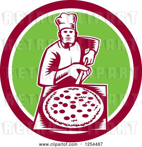 Vector Clip Art of Retro Woodcut Chef with a Pizza on a Peel in a Green and Red Circle
