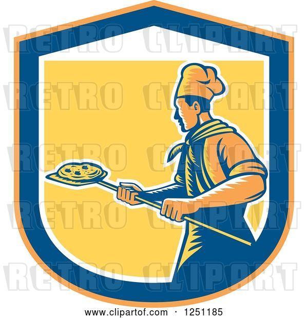 Vector Clip Art of Retro Woodcut Chef with a Pizza on a Peel Inside a Shield