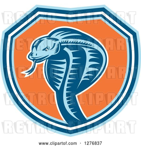 Vector Clip Art of Retro Woodcut Cobra Snake in a Blue White and Orange Shield
