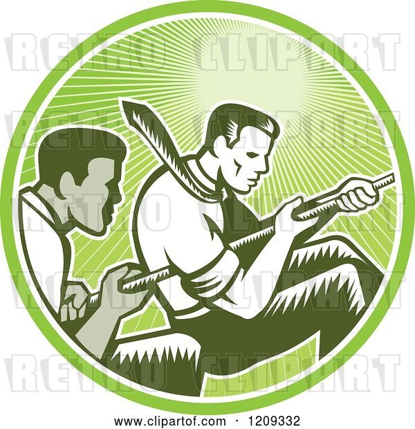 Vector Clip Art of Retro Woodcut Competitive Business Men Working Together in a Tug of War in a Green Sunny Circle