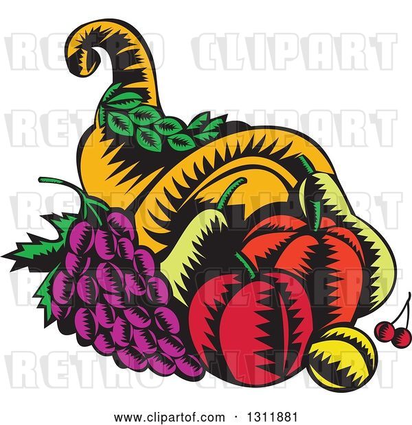 Vector Clip Art of Retro Woodcut Cornucopia Basket with Apples, Grapes, Cherries and a Plum