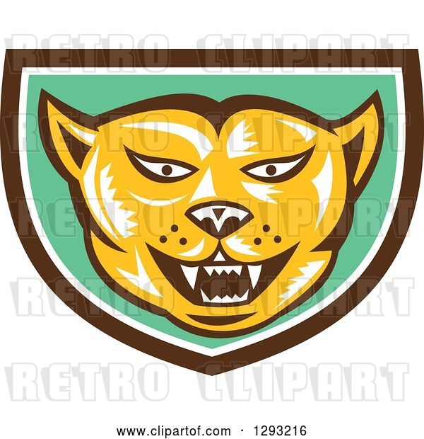 Vector Clip Art of Retro Woodcut Cougar Puma Mountain Lion Head in a Brown White and Green Shield