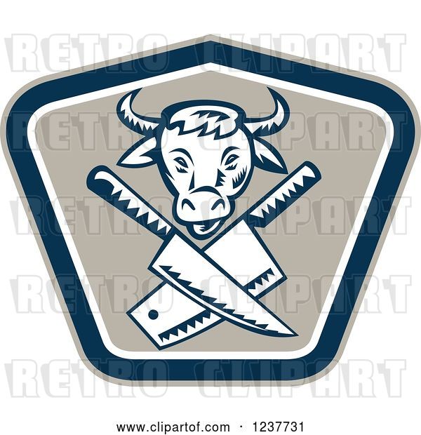 Vector Clip Art of Retro Woodcut Cow over Crossed Butcher Knives in a Shield