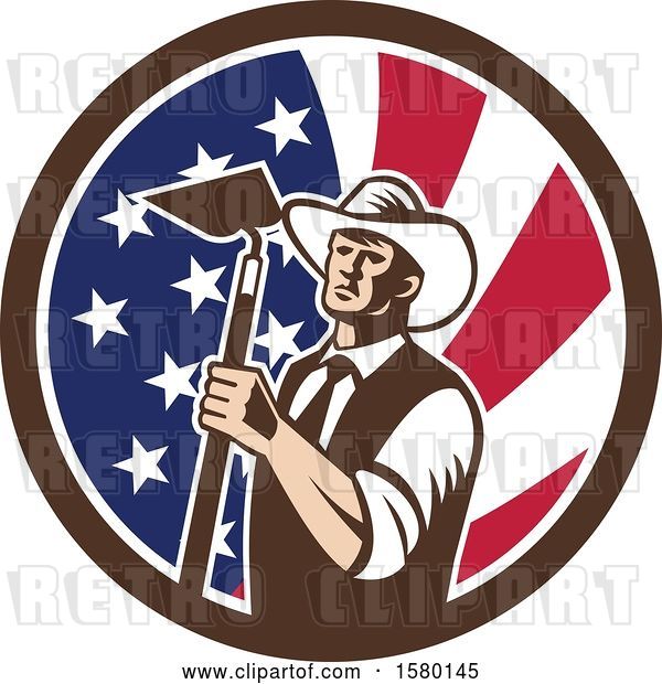 Vector Clip Art of Retro Woodcut Cowboy Farmer Holding a Hoe in an American Flag Circle
