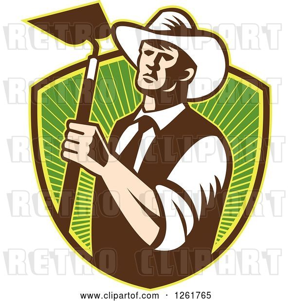 Vector Clip Art of Retro Woodcut Cowboy Farmer Holding a Hoe over a Shield of Green Rays