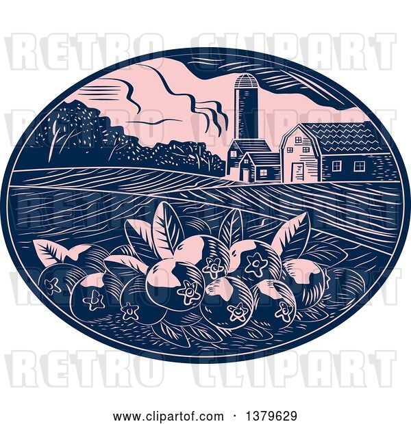 Vector Clip Art of Retro Woodcut Cranberry Farm with a Barn, Silo and Crops in a Pink and Navy Blue Oval