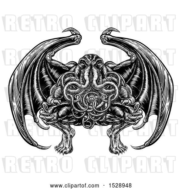 Vector Clip Art of Retro Woodcut Cthulhu Octopus Monster with Wings