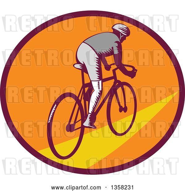 Vector Clip Art of Retro Woodcut Cyclist Riding Away in a Purple Orange and Yellow Oval