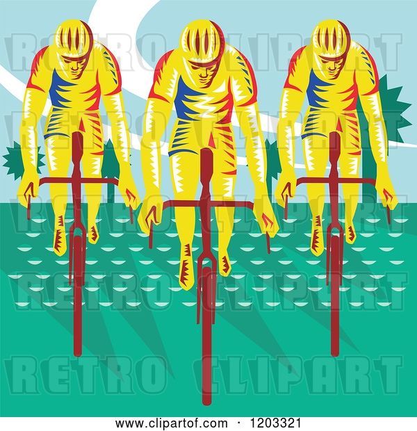 Vector Clip Art of Retro Woodcut Cyclist Trio on Bicycles