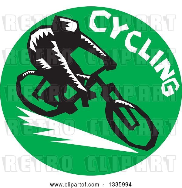 Vector Clip Art of Retro Woodcut Cyclist with Text in a Green Circle