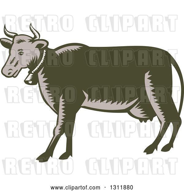 Vector Clip Art of Retro Woodcut Dairy Cow Wearing a Bell and Facing Left