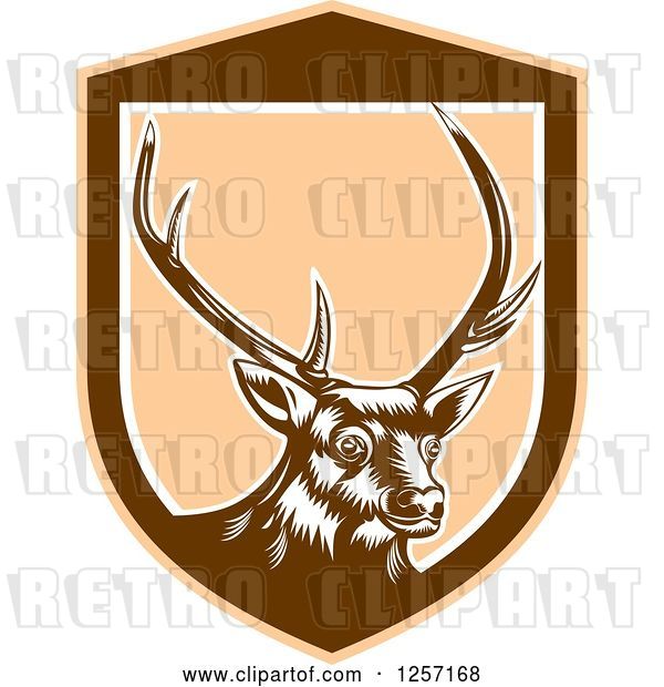 Vector Clip Art of Retro Woodcut Deer in a Brown and Tan Shield