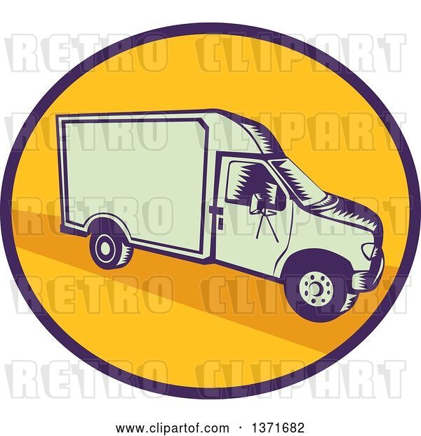 Vector Clip Art of Retro Woodcut Delivery Truck or Van in a Blue and Yellow Oval