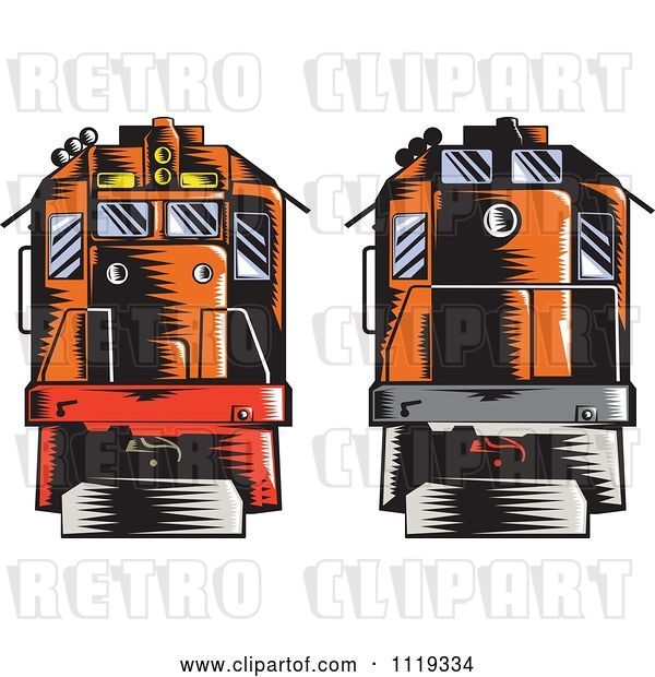 Vector Clip Art of Retro Woodcut Diesel Trains Shown Front and Back