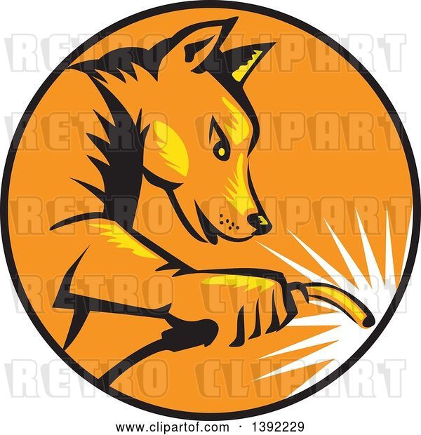 Vector Clip Art of Retro Woodcut Dingo Dog Welder in a Black Orange and Yellow Circle