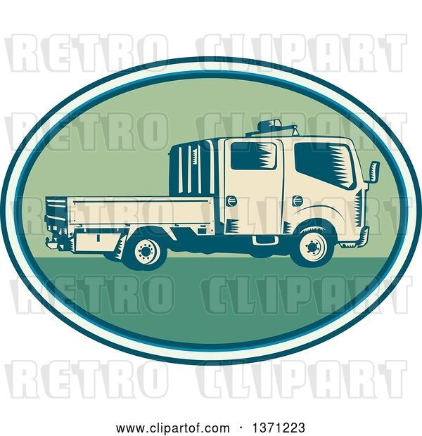 Vector Clip Art of Retro Woodcut Double Cab Truck in an Oval