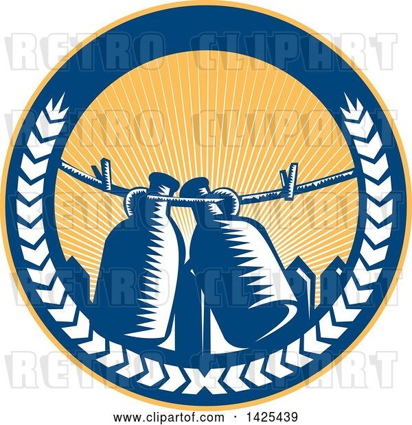 Vector Clip Art of Retro Woodcut Draft Beer Growler Jugs Hanging on a Clothesline over a Picket Fence in a Circle