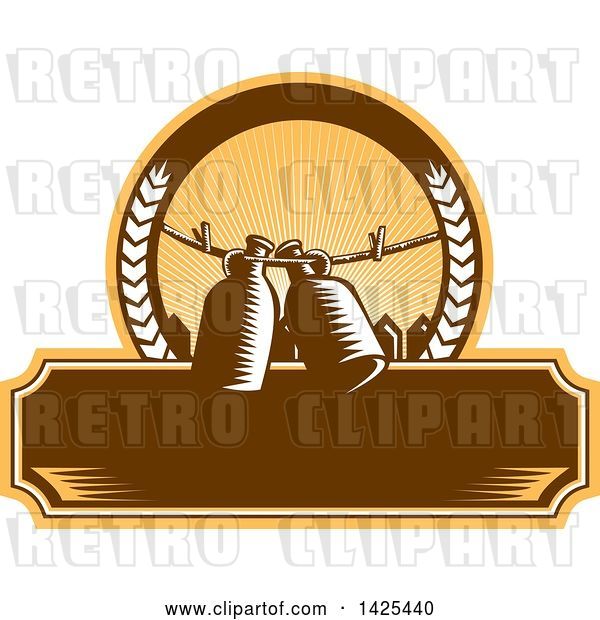 Vector Clip Art of Retro Woodcut Draft Beer Growler Jugs Hanging on a Clothesline over a Picket Fence in a Circle over a Blank Banner