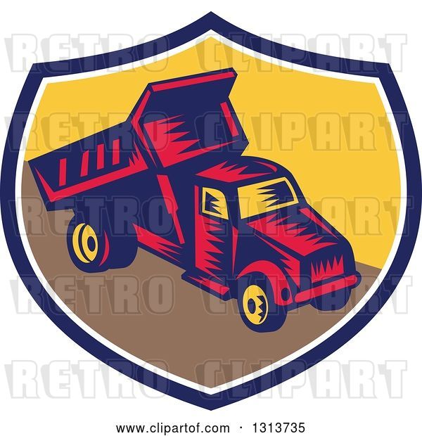 Vector Clip Art of Retro Woodcut Dump Truck in a Blue White and Yellow Shield