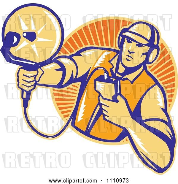 Vector Clip Art of Retro Woodcut Engineer Holding an Ultrasound Sonar Satellite Dish over a Circle of Rays