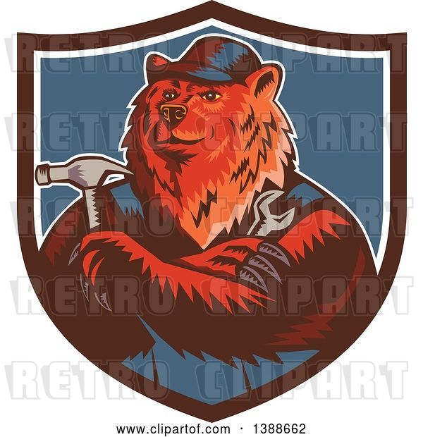 Vector Clip Art of Retro Woodcut Eurasian Brown Bear Handman Holding Tools, with Folded Arms in a Shield