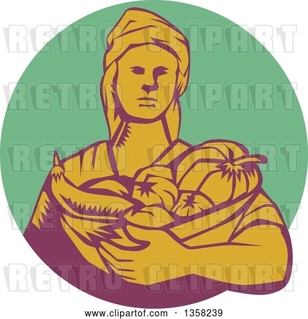 Vector Clip Art of Retro Woodcut Female Farmer Holding a Basket of Harvest Produce in a Green Purple and Yellow Circle