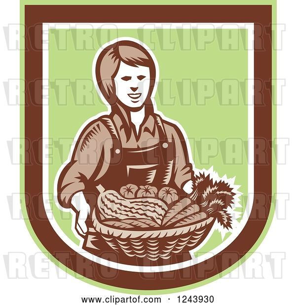 Vector Clip Art of Retro Woodcut Female Farmer Holding a Basket of Produce in a Shield