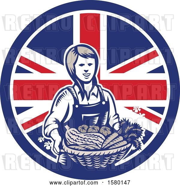 Vector Clip Art of Retro Woodcut Female Farmer Holding a Basket of Produce in a Union Jack Flag Circle