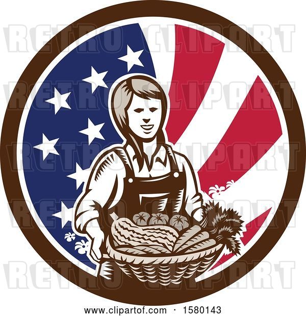 Vector Clip Art of Retro Woodcut Female Farmer Holding a Basket of Produce in an American Flag Circle