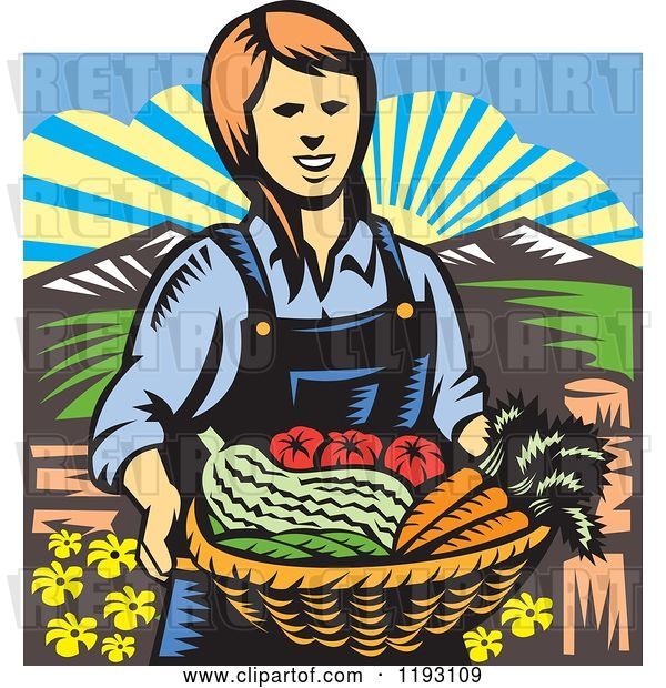 Vector Clip Art of Retro Woodcut Female Farmer with a Basket Full of Organic Produce