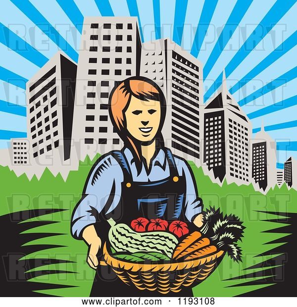 Vector Clip Art of Retro Woodcut Female Farmer with a Basket Full of Organic Produce near a City