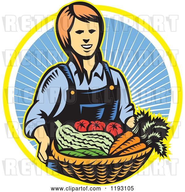 Vector Clip Art of Retro Woodcut Female Farmer with a Basket Full of Organic Produce over a Ray Circle