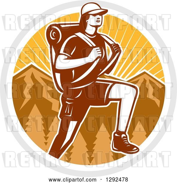 Vector Clip Art of Retro Woodcut Female Hiker over Mountains and Sunshine in a Circle