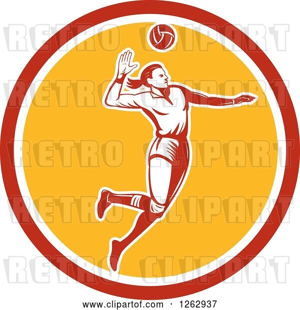 Vector Clip Art of Retro Woodcut Female Volleyball Player Spiking in a Red White and Yellow Circle