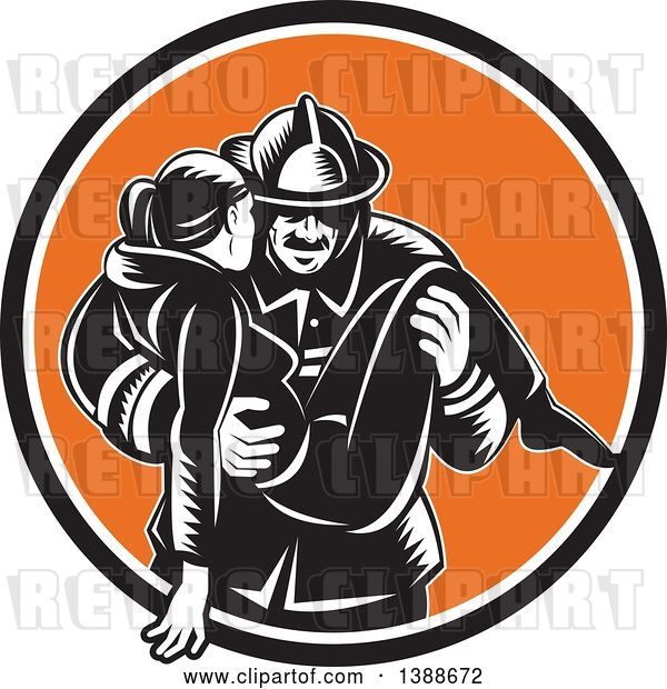 Vector Clip Art of Retro Woodcut Firefighter Carrying a Lady in a Black White and Orange Circle