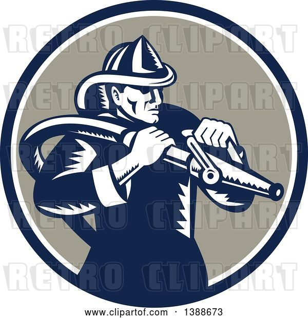 Vector Clip Art of Retro Woodcut Firefighter Holding a Hose in a Blue White and Taupe Circle