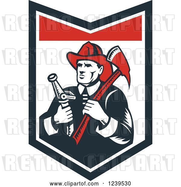 Vector Clip Art of Retro Woodcut Firefighter Holding an Axe and Hose in a Shield