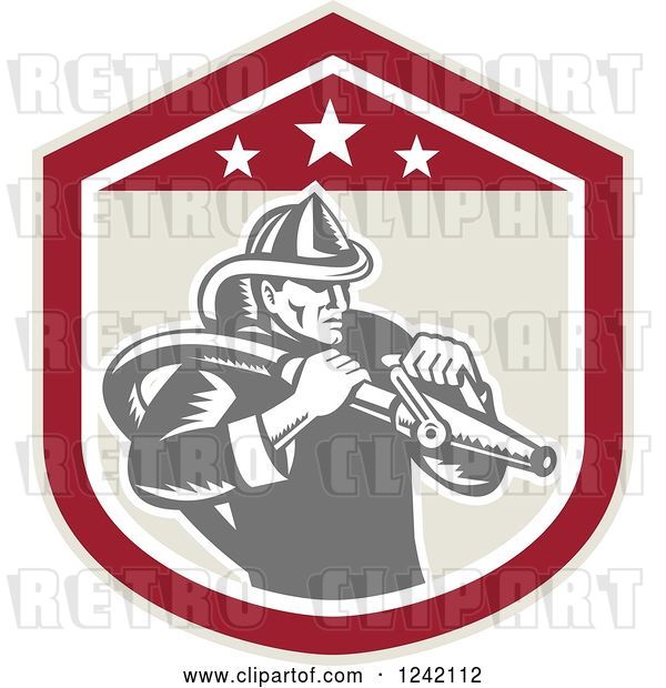 Vector Clip Art of Retro Woodcut Firefighter Wielding a Hose in a Shield