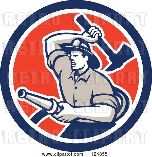 Vector Clip Art of Retro Woodcut Firefighter with a Hose and Axe in a Circle