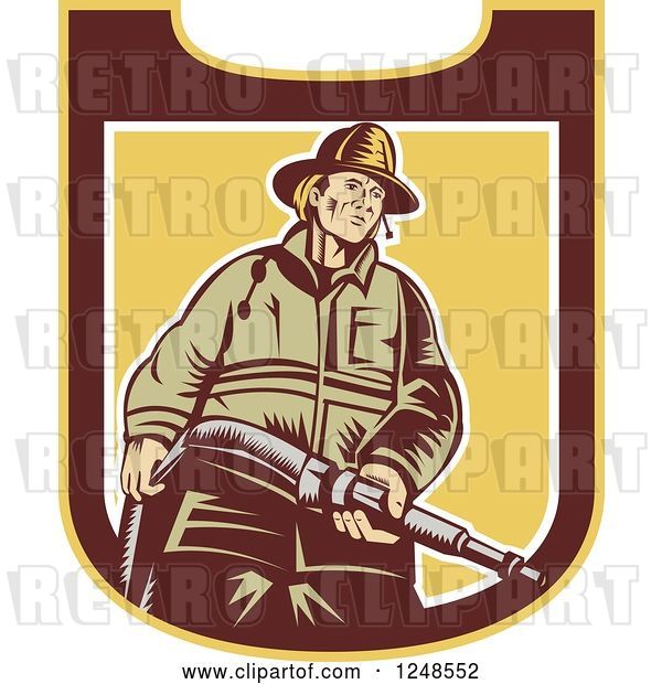 Vector Clip Art of Retro Woodcut Firefighter with a Hose in a Shield