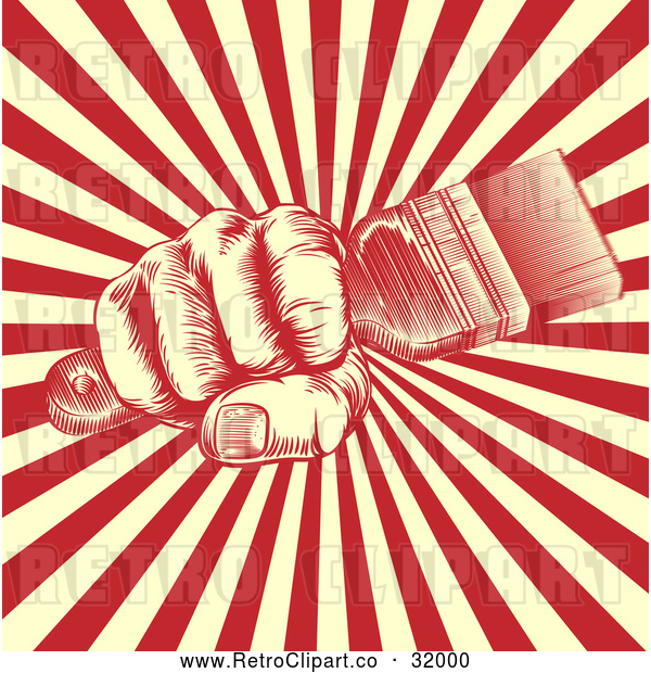 Vector Clip Art of Retro Woodcut Fist Holding a Paintbrush over Yellow and Red Rays