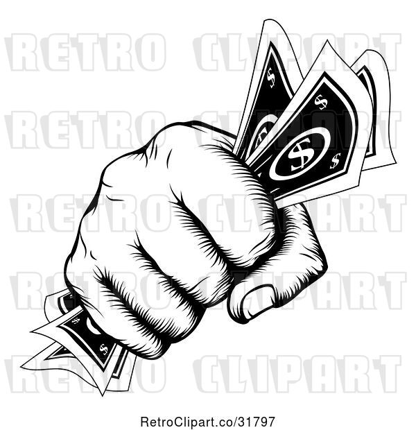 Vector Clip Art of Retro Woodcut Fist Holding Cash Money