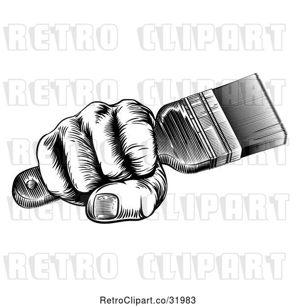 Vector Clip Art of Retro Woodcut Fisted Hand Holding a Paintbrush