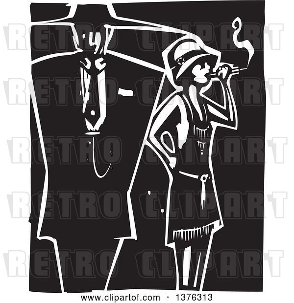 Vector Clip Art of Retro Woodcut Flapper Girl Smoking a Cigarette by a Guy in a Zoot Suit
