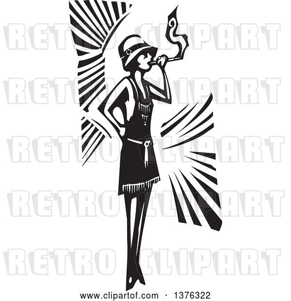 Vector Clip Art of Retro Woodcut Flapper Girl Smoking a Cigarette