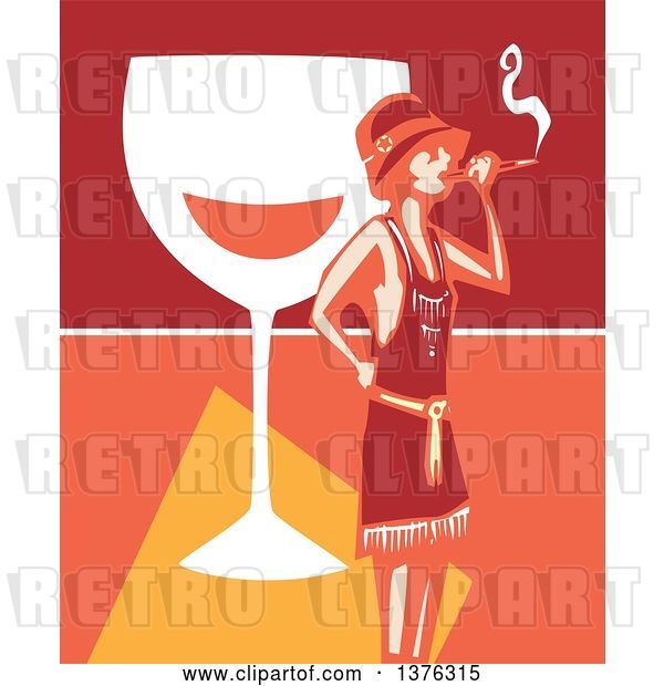 Vector Clip Art of Retro Woodcut Flapper Girl Smoking a Cigarette over a Giant Glass of Wine