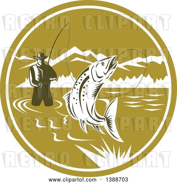 Vector Clip Art of Retro Woodcut Fly Fisher Man Reeling in a Trout Fish and Wading in a Lake Inside a Green and White Circle